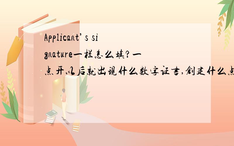 Applicant’s signature一栏怎么填?一点开以后就出现什么数字证书,创建什么点进去完全看不懂啊.这个签名是要怎么弄呢?是写英文还是中文?怎么签名到这个小框框啊?pdf格式啊，不是在白纸上啊