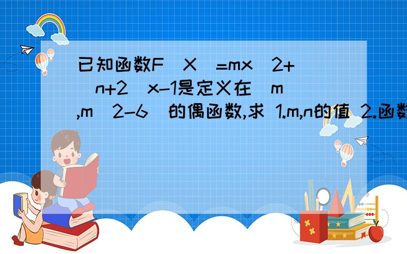 已知函数F(X)=mx^2+(n+2)x-1是定义在[m,m^2-6]的偶函数,求 1.m,n的值 2.函数f(x)的值域 3.函数f(x-1)的表达式