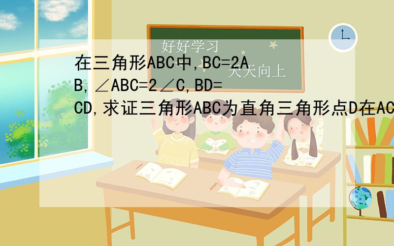 在三角形ABC中,BC=2AB,∠ABC=2∠C,BD=CD,求证三角形ABC为直角三角形点D在AC在上